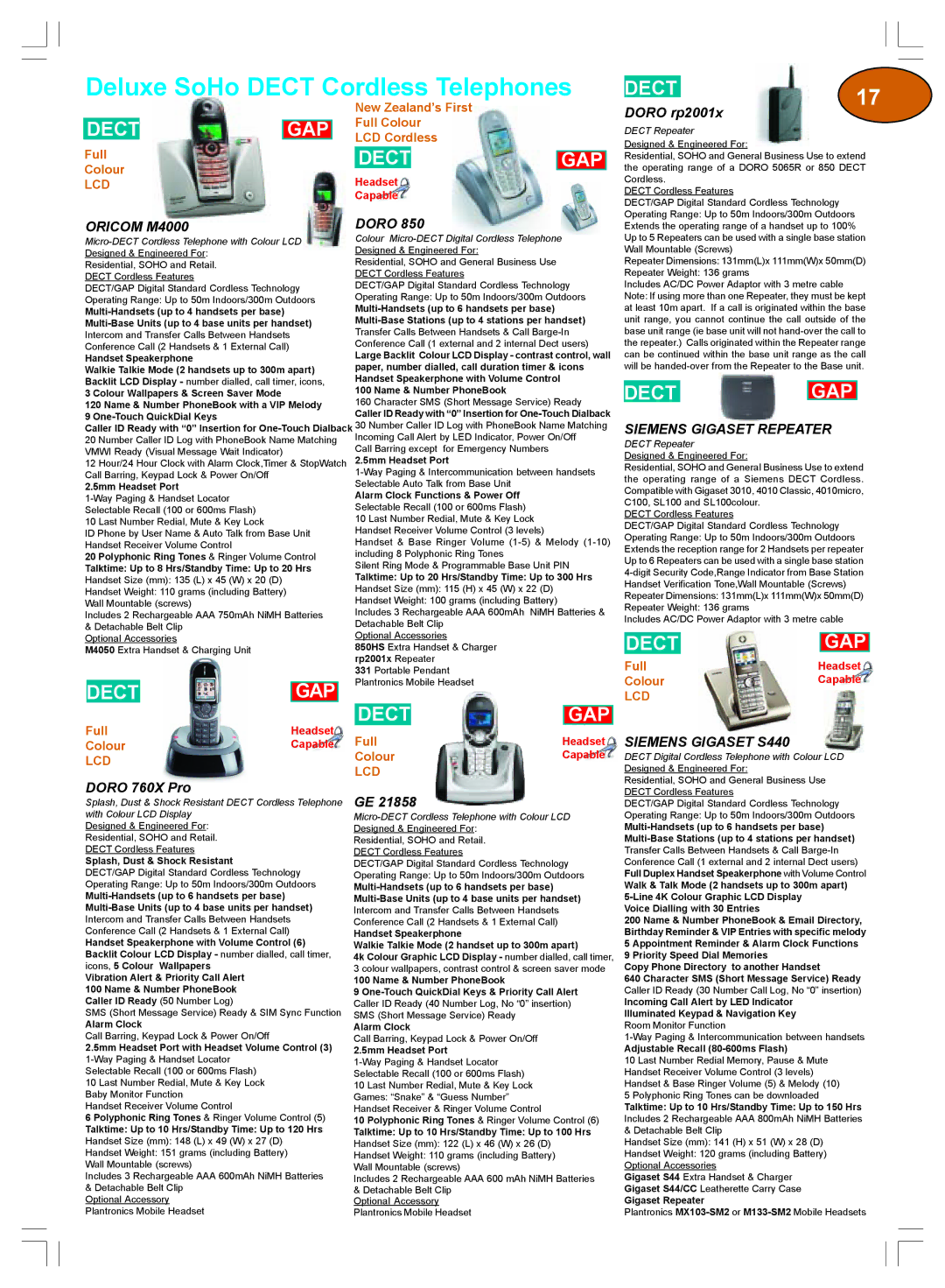 Plantronics Winter 2006 warranty Oricom M4000, Doro rp2001x, Siemens Gigaset Repeater, Siemens Gigaset S440, Doro 760X Pro 