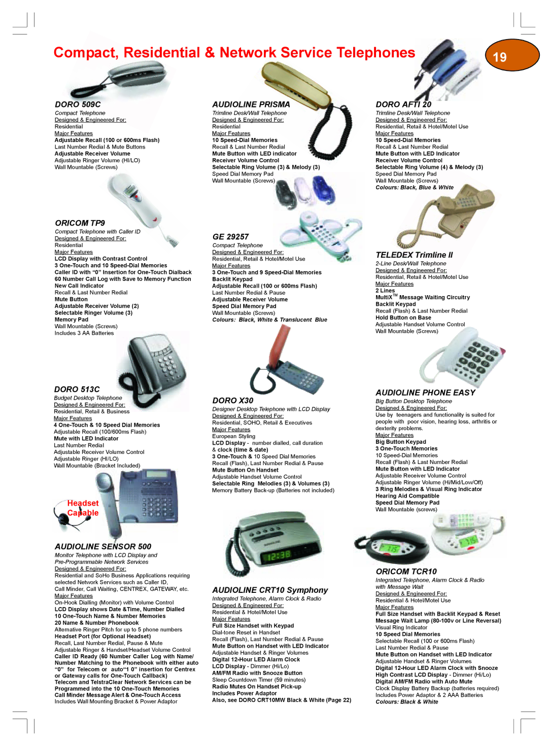 Plantronics Winter 2006 Doro 509C Audioline Prisma, Doro Afti, Oricom TP9, Doro 513C, Audioline Phone Easy, Oricom TCR10 