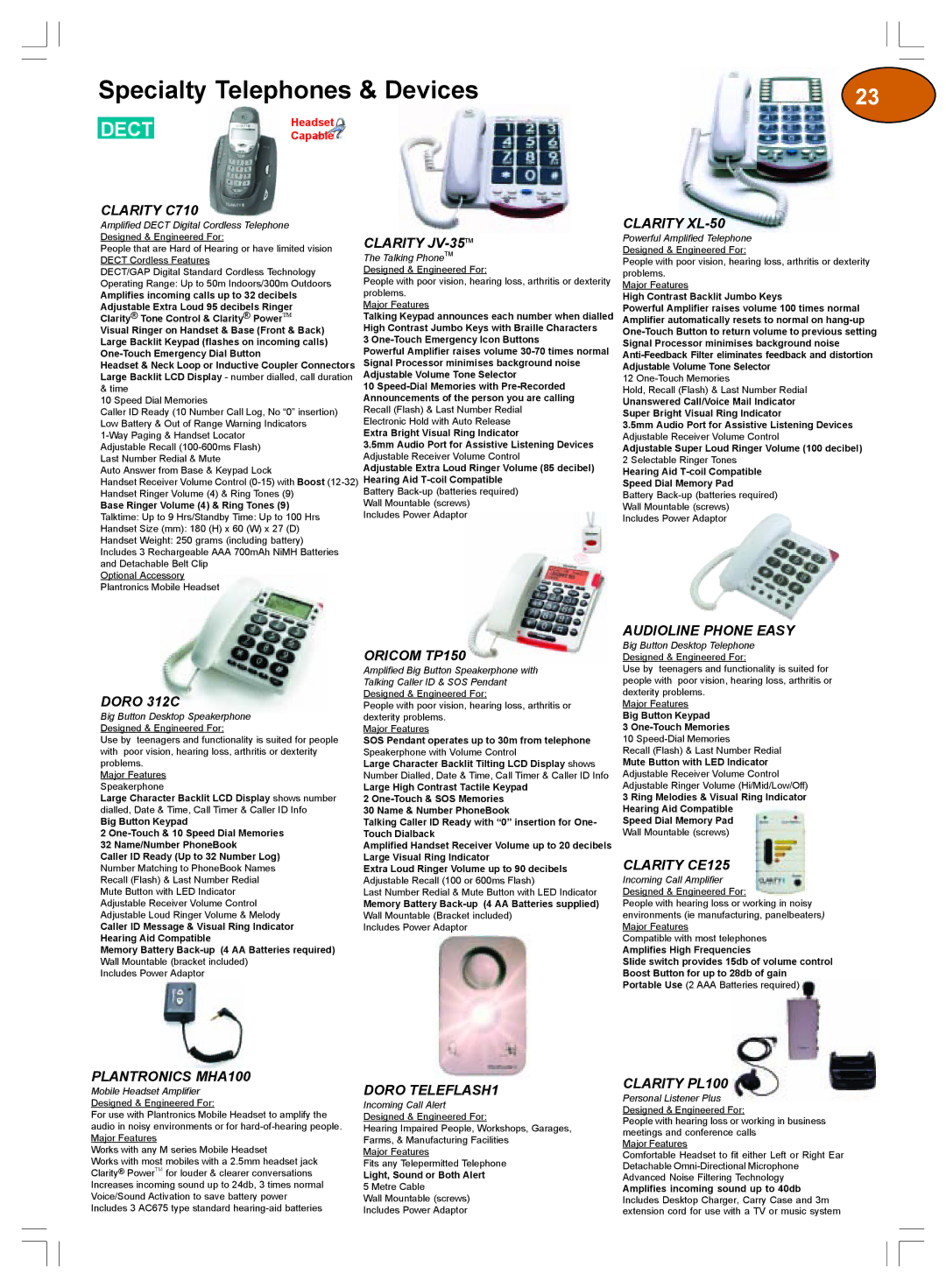 Plantronics Winter 2006 Clarity JV-35TM, Clarity XL-50, Oricom TP150, Clarity CE125, Doro TELEFLASH1, Clarity PL100 