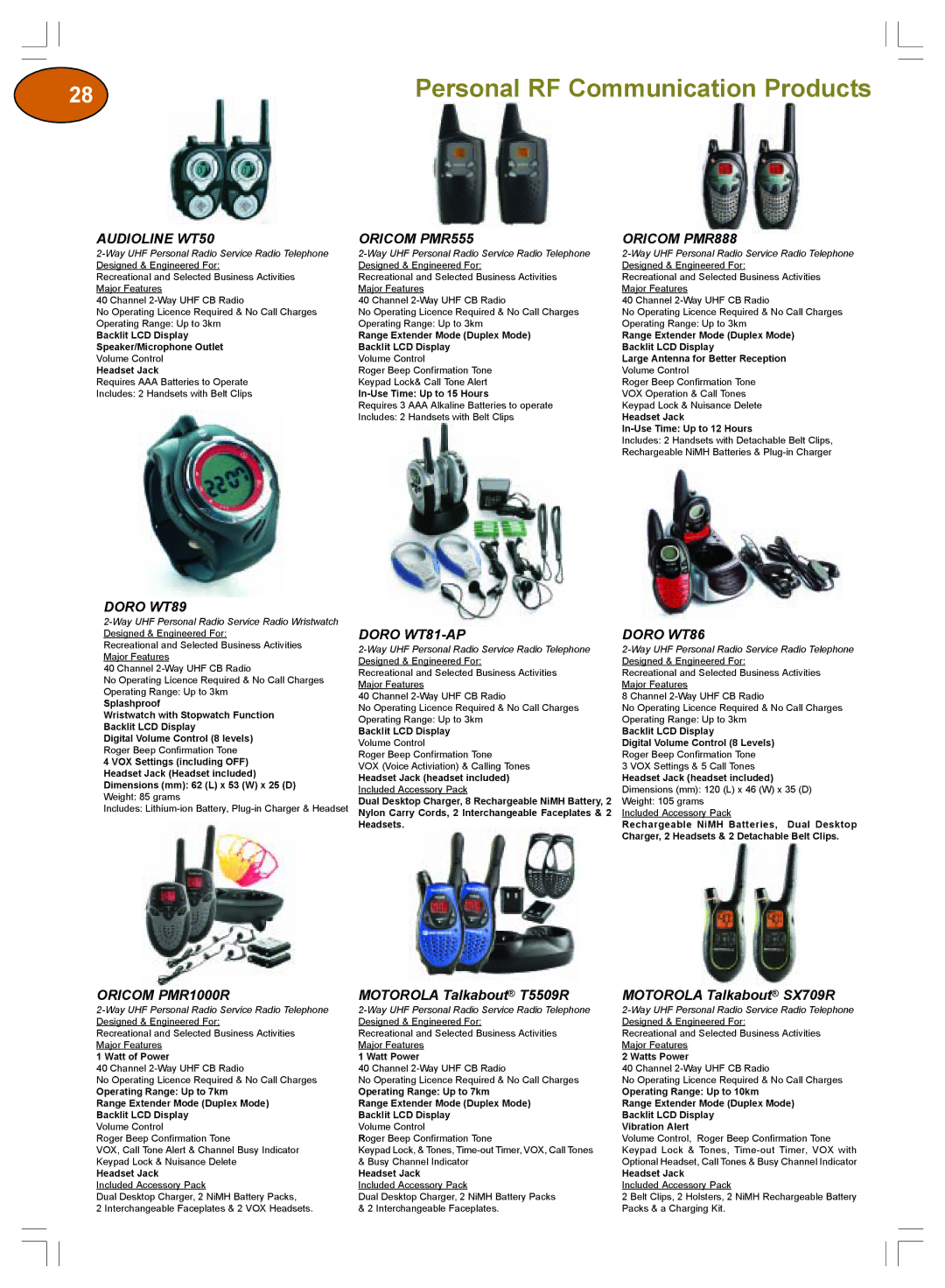 Plantronics Winter 2006 Audioline WT50 Oricom PMR555 Oricom PMR888, Doro WT89, Oricom PMR1000R, Doro WT81-AP Doro WT86 