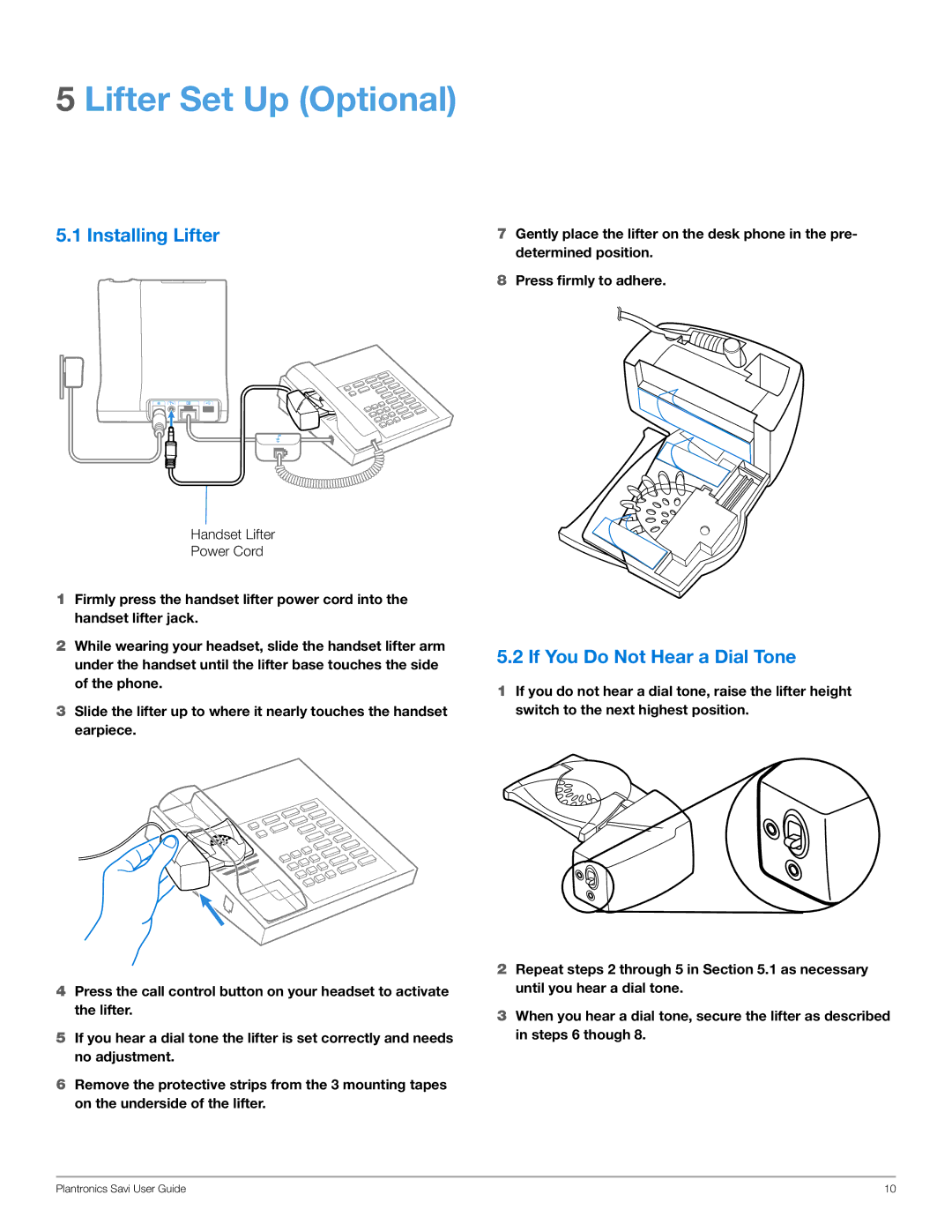 Plantronics WO100 manual Lifter Set Up Optional, Installing Lifter, If You Do Not Hear a Dial Tone 