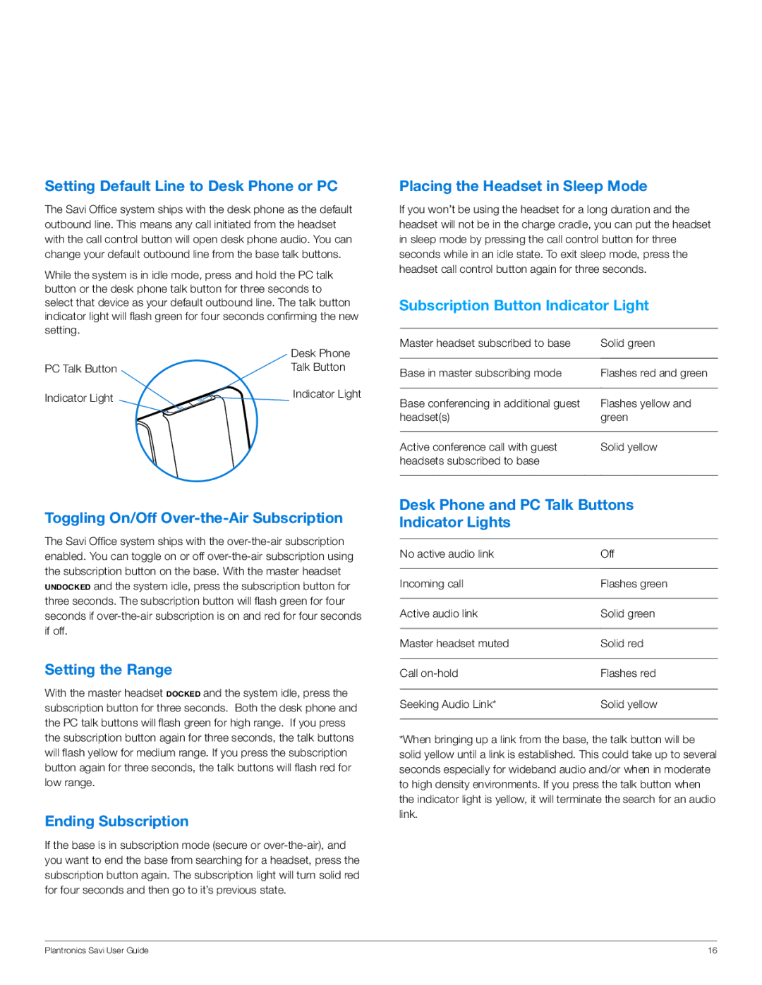 Plantronics WO100 manual Setting Default Line to Desk Phone or PC, Placing the Headset in Sleep Mode, Setting the Range 