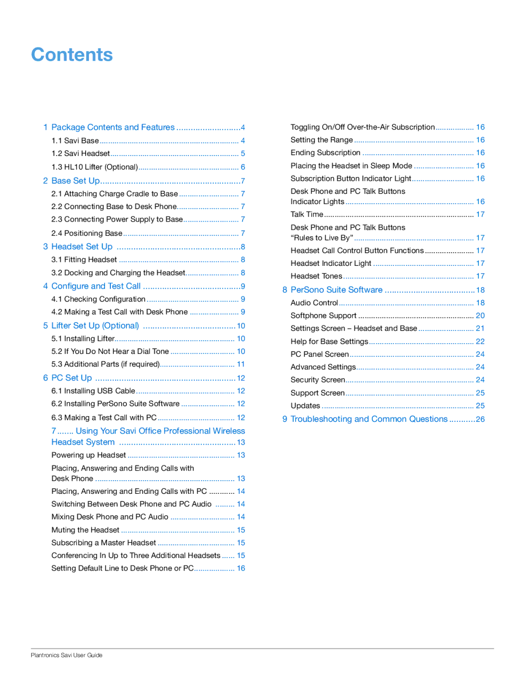 Plantronics WO100 manual Contents 