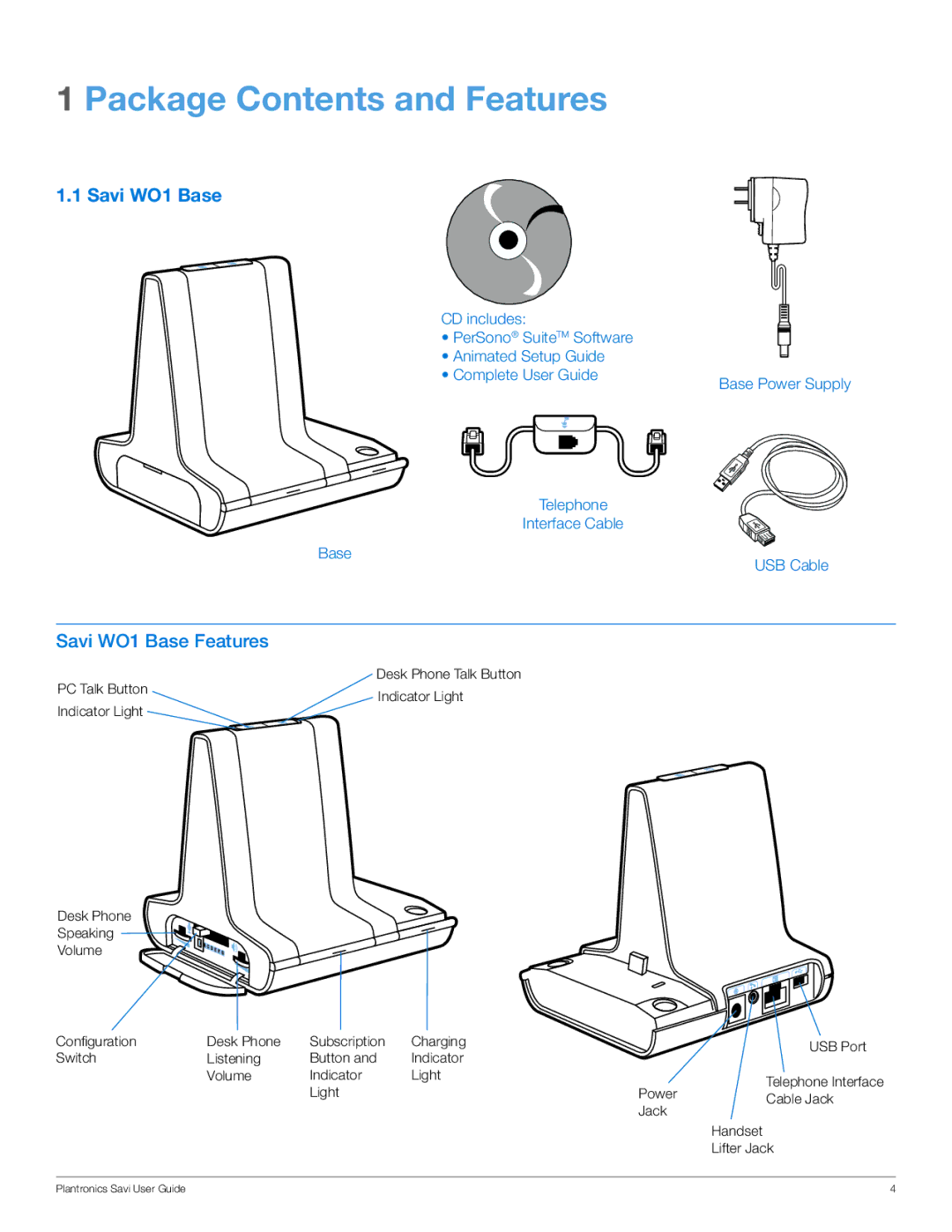 Plantronics WO100 manual Package Contents and Features 