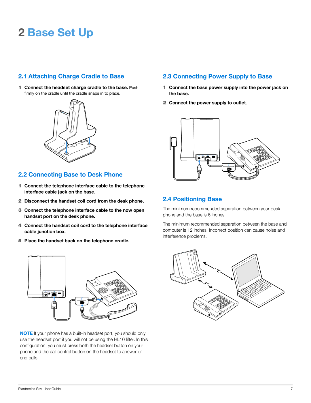 Plantronics WO100 manual Base Set Up, Attaching Charge Cradle to Base, Connecting Base to Desk Phone, Positioning Base 