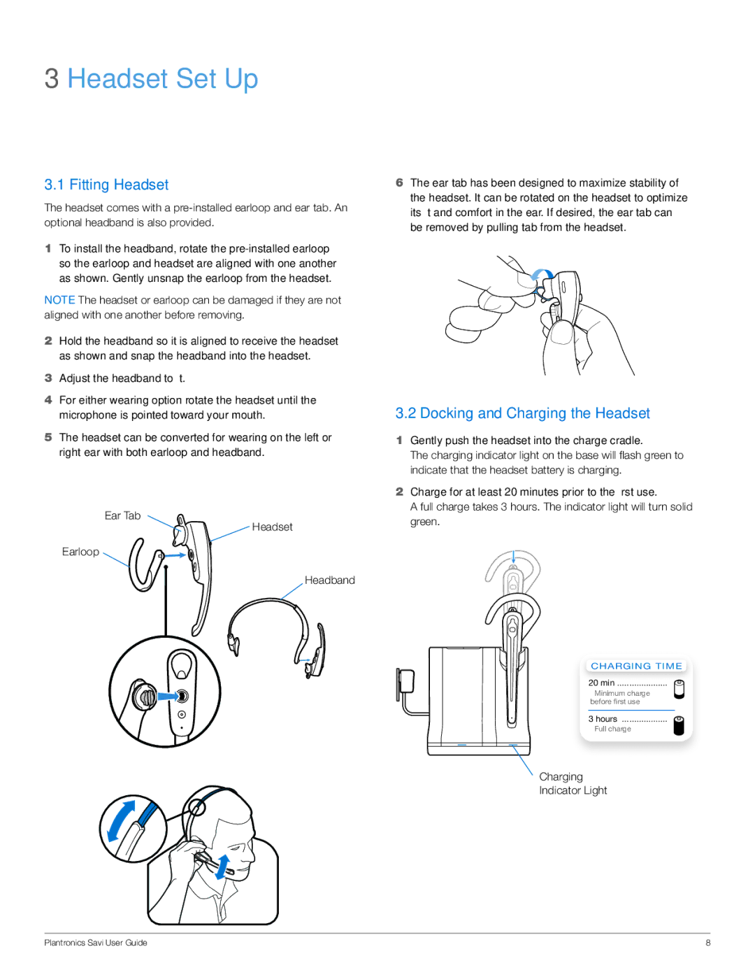 Plantronics WO100 manual Headset Set Up, Fitting Headset, Docking and Charging the Headset 