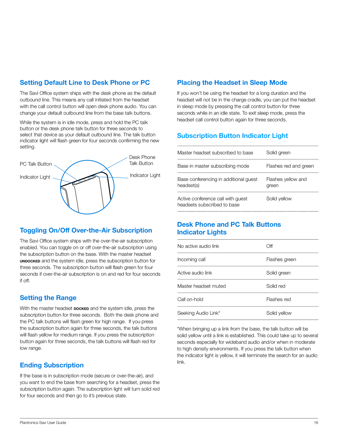 Plantronics WO100 manual Setting Default Line to Desk Phone or PC, Placing the Headset in Sleep Mode, Setting the Range 