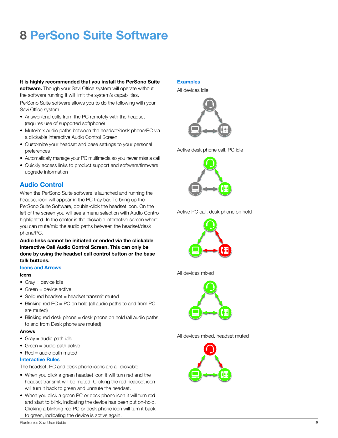 Plantronics WO100 manual PerSono Suite Software, Audio Control, Examples, Icons and Arrows, Interactive Rules 