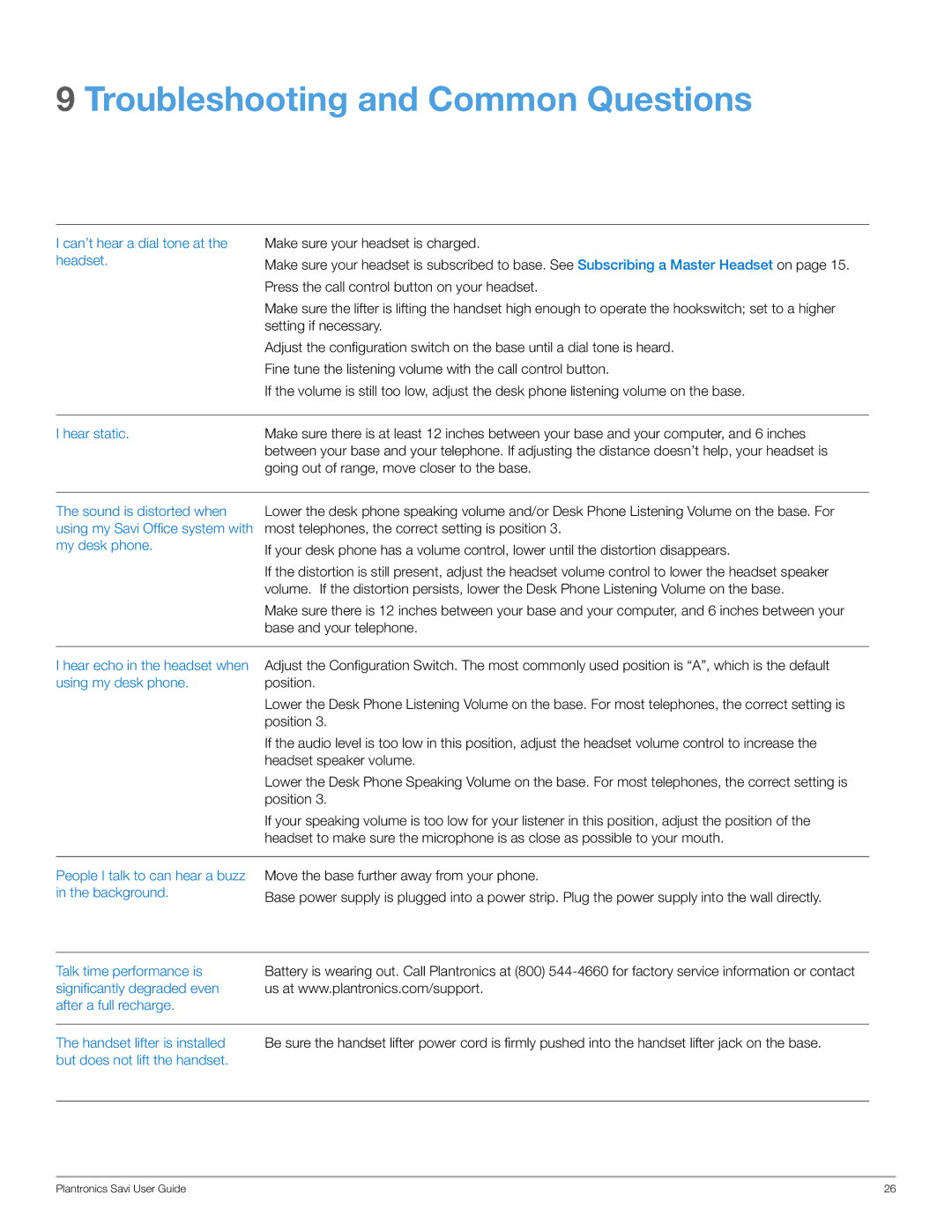 Plantronics WO100 manual Troubleshooting and Common Questions, Can’t hear a dial tone at the headset Hear static 