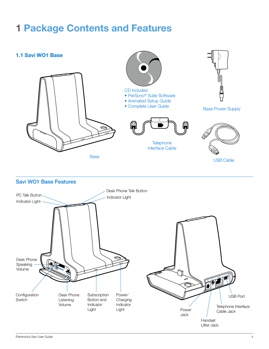 Plantronics WO100 manual Package Contents and Features 