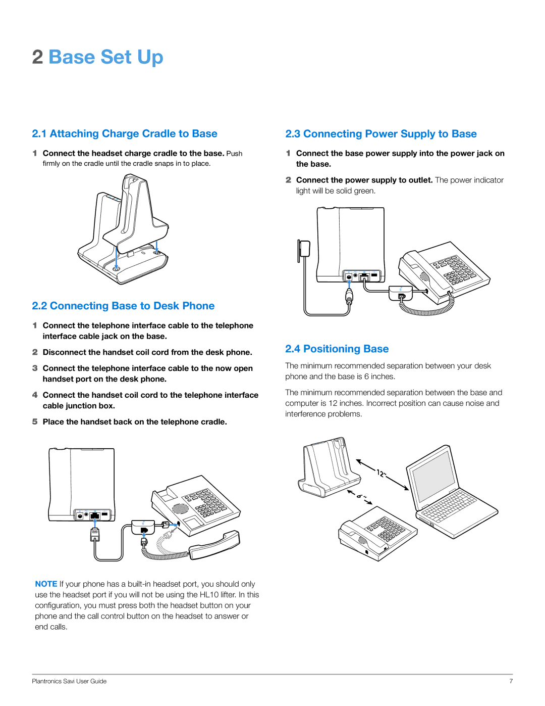 Plantronics WO100 manual Base Set Up, Attaching Charge Cradle to Base, Connecting Base to Desk Phone, Positioning Base 