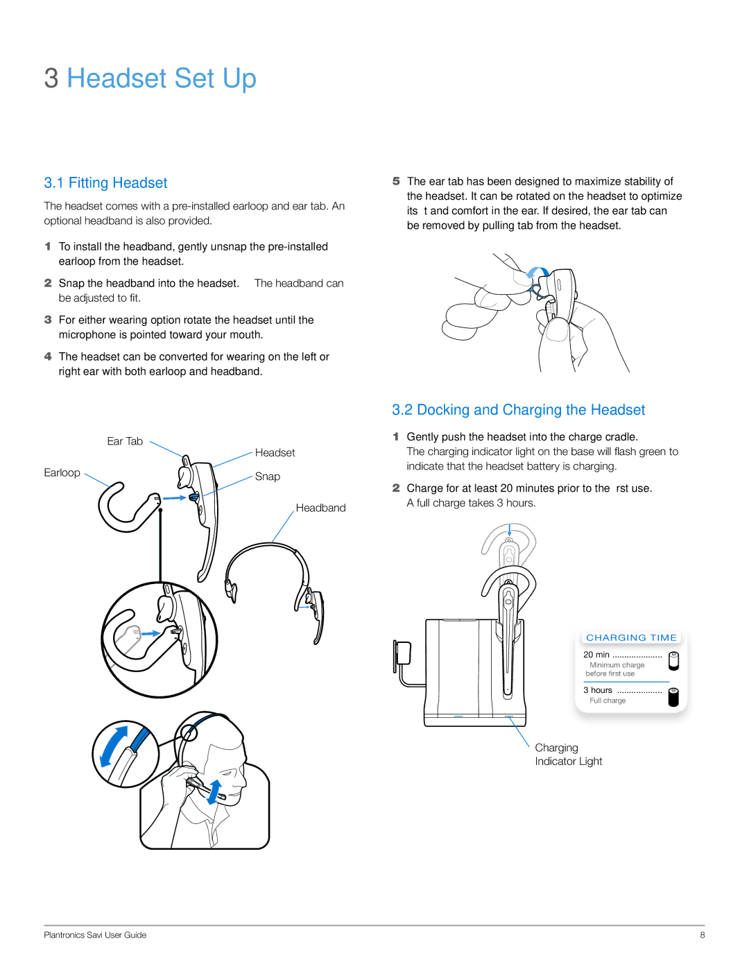 Plantronics WO100 manual Headset Set Up, Fitting Headset, Docking and Charging the Headset 