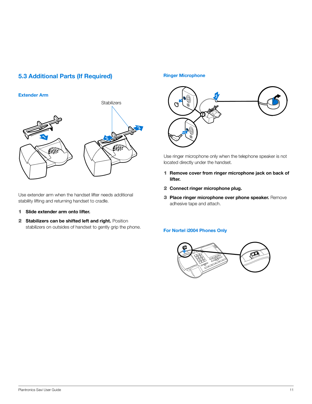 Plantronics WO100 manual Additional Parts If Required, Extender Arm, Ringer Microphone, For Nortel i2004 Phones Only 