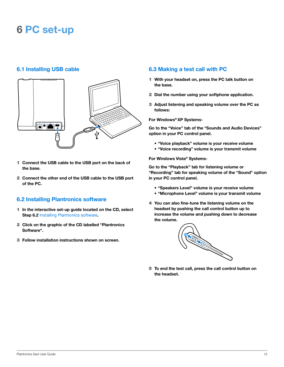 Plantronics WO100 manual PC set-up, Installing USB cable, Installing Plantronics software, Making a test call with PC 