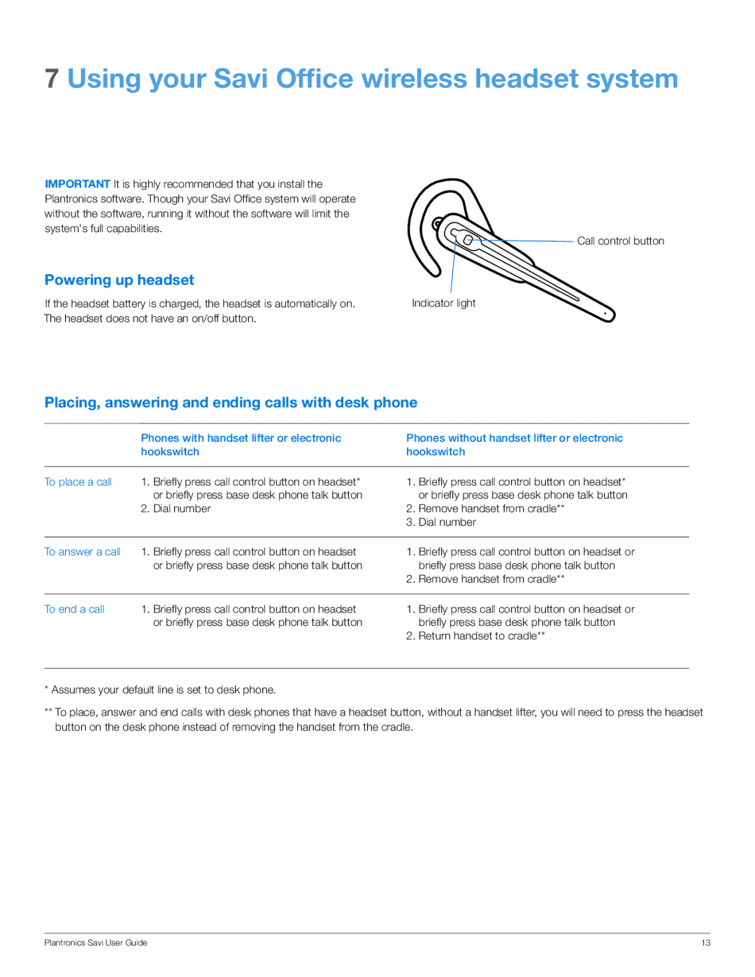 Plantronics WO100 manual Using your Savi Office wireless headset system, Powering up headset 