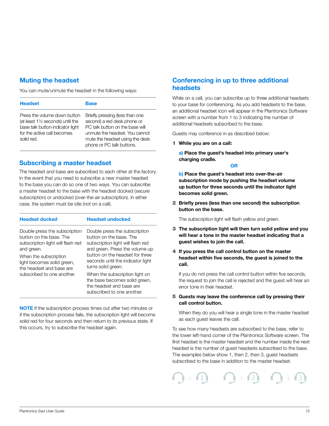 Plantronics WO100 manual Muting the headset, Conferencing in up to three additional headsets, Subscribing a master headset 
