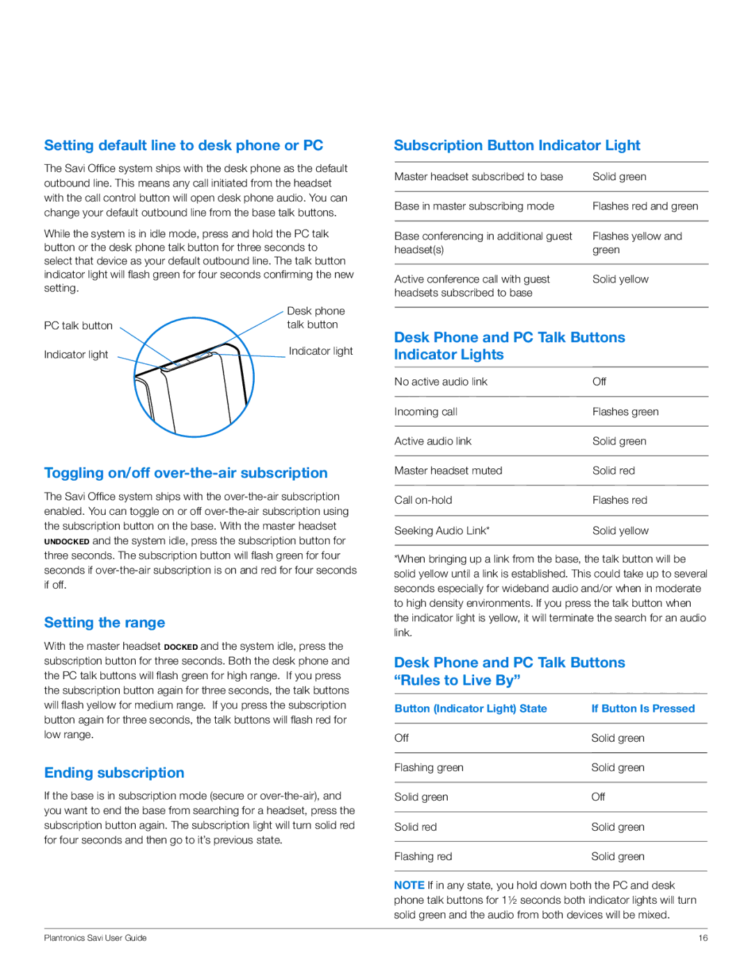 Plantronics WO100 Setting default line to desk phone or PC, Toggling on/off over-the-air subscription, Setting the range 