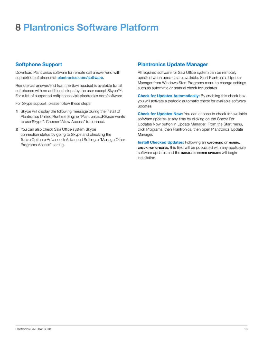 Plantronics WO100 manual Plantronics Software Platform, Softphone Support, Plantronics Update Manager 