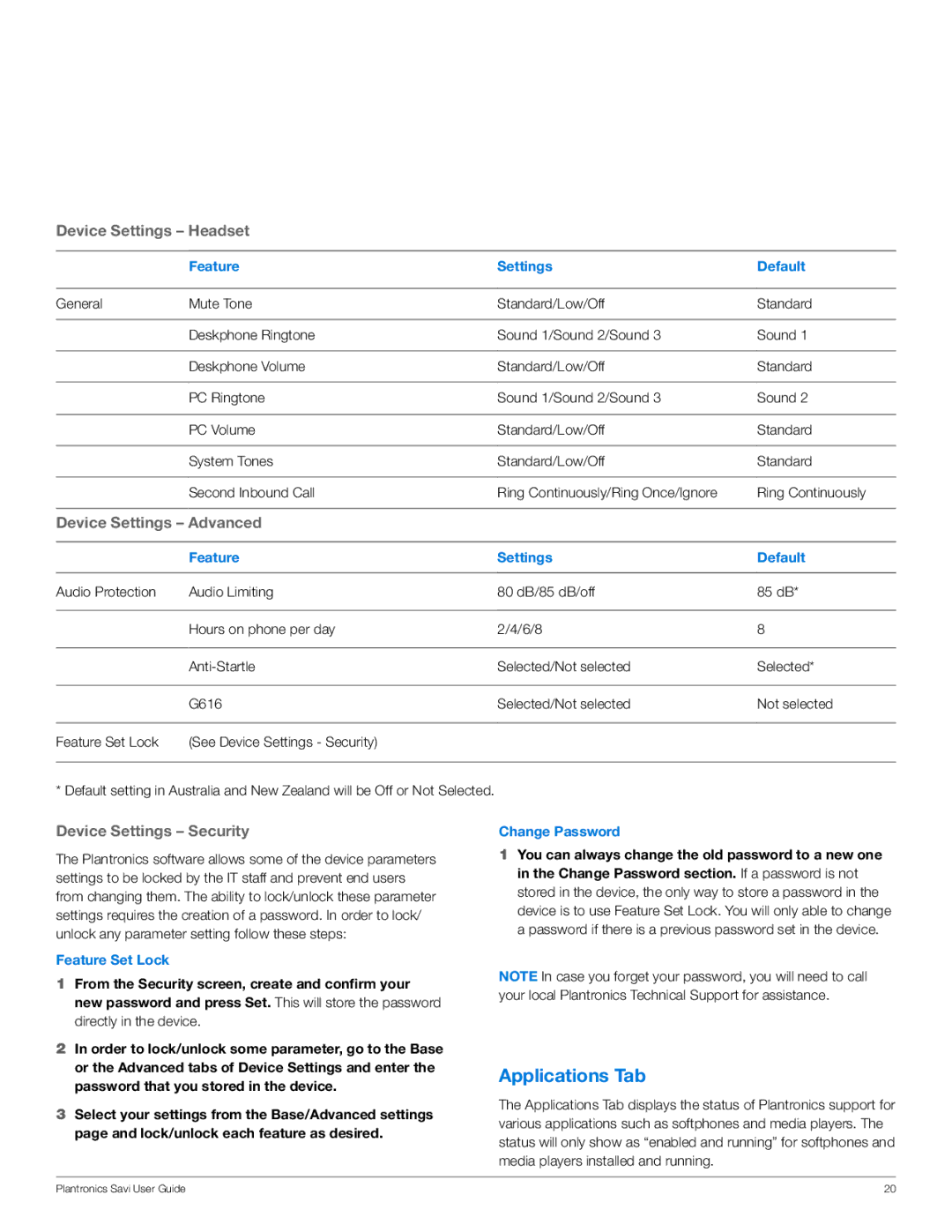 Plantronics WO100 manual Applications Tab, Feature Set Lock, Change Password 