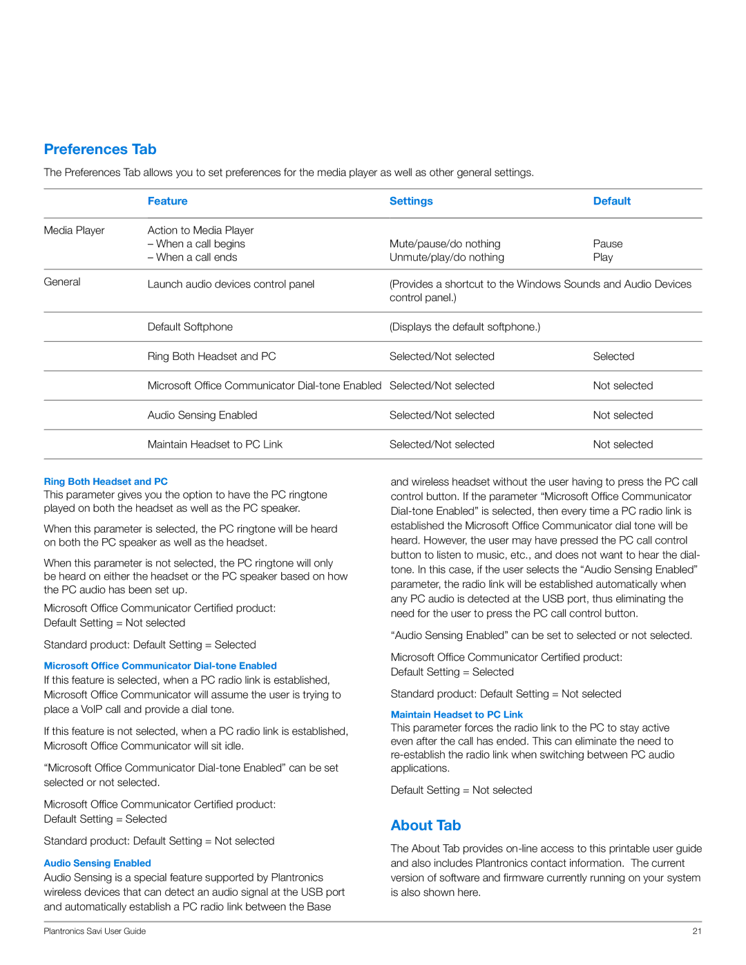 Plantronics WO100 manual Preferences Tab, About Tab 