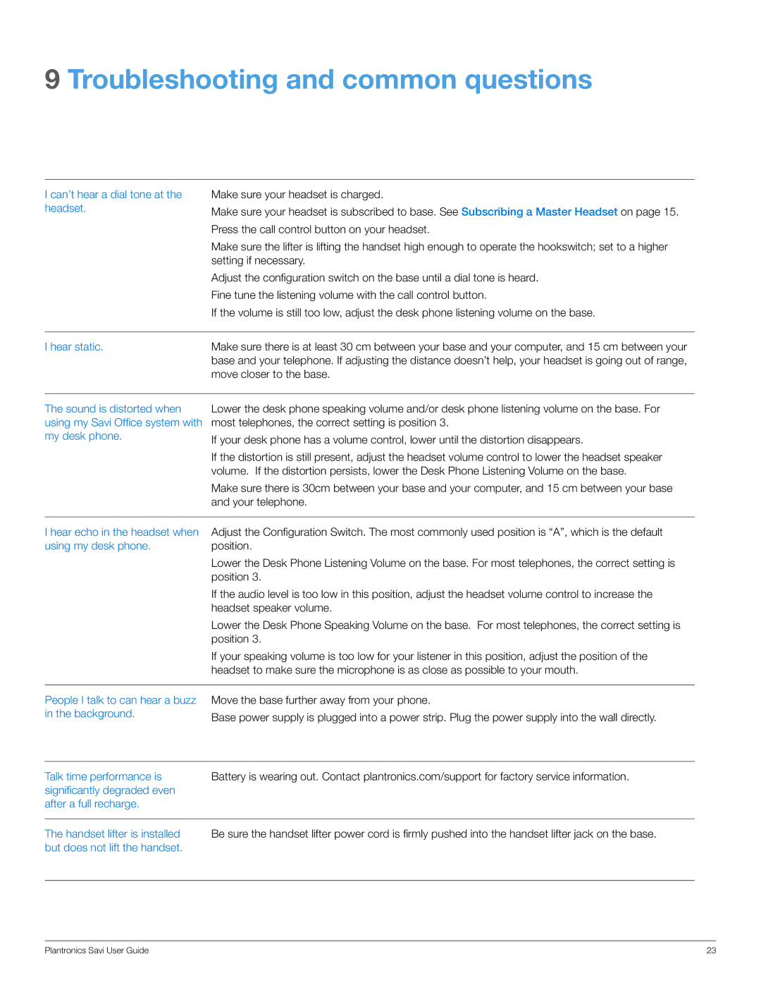 Plantronics WO100 manual Troubleshooting and common questions, Can’t hear a dial tone at the headset Hear static 