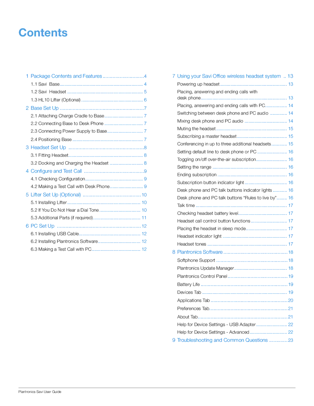 Plantronics WO100 manual Contents 