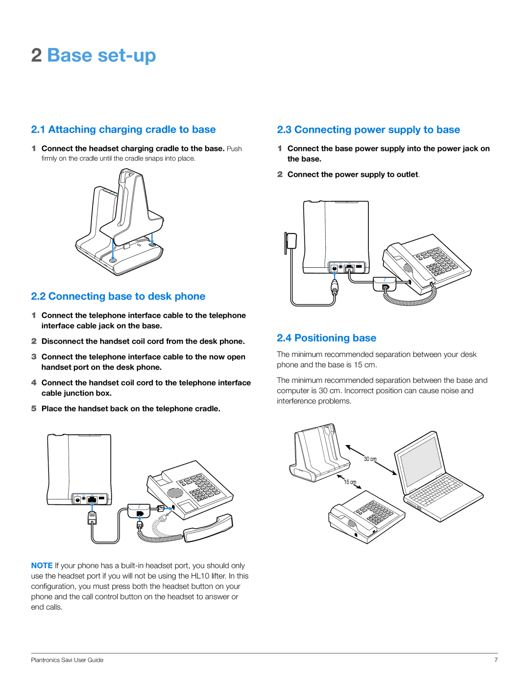 Plantronics WO100 manual Base set-up, Attaching charging cradle to base, Connecting base to desk phone, Positioning base 