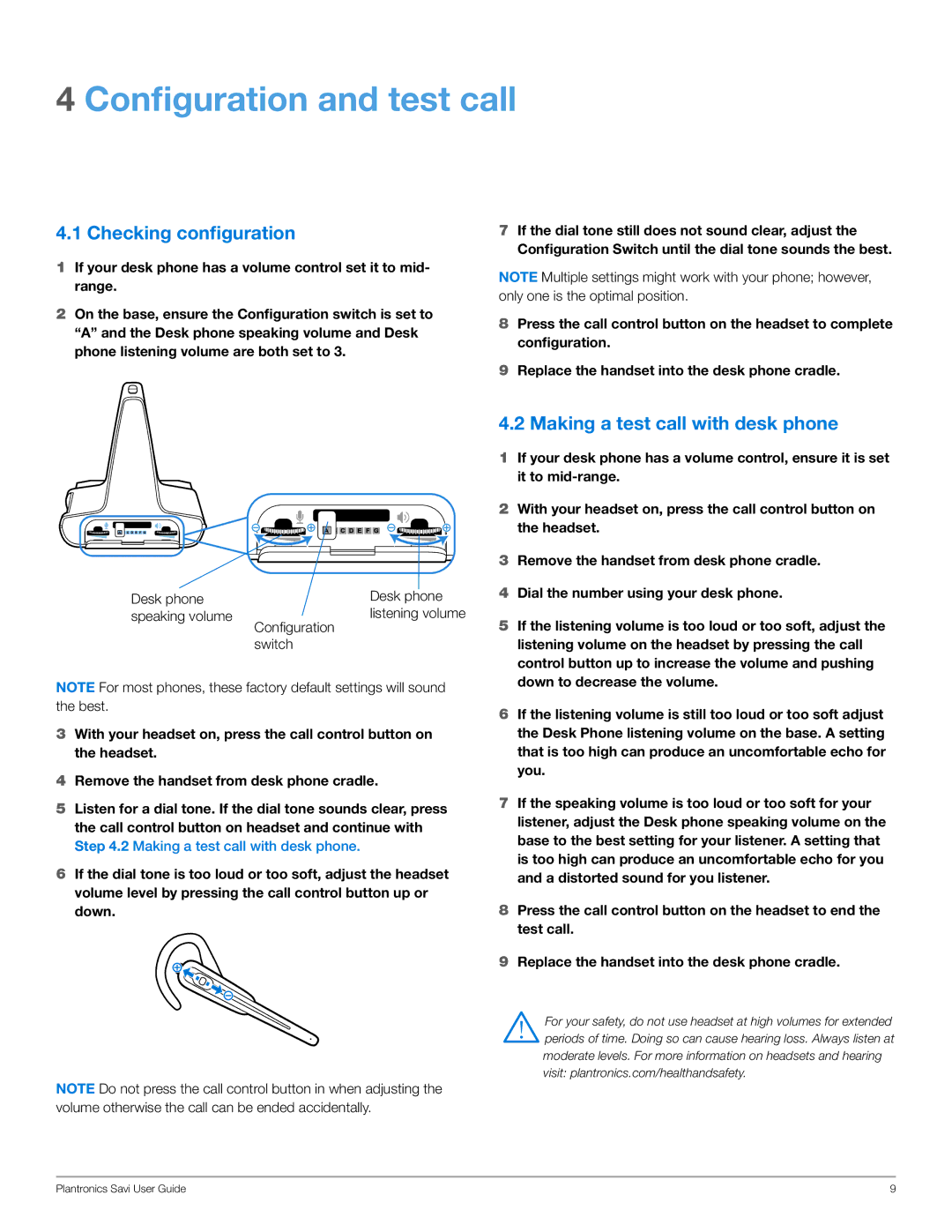 Plantronics WO100 manual Configuration and test call, Checking configuration, Making a test call with desk phone 