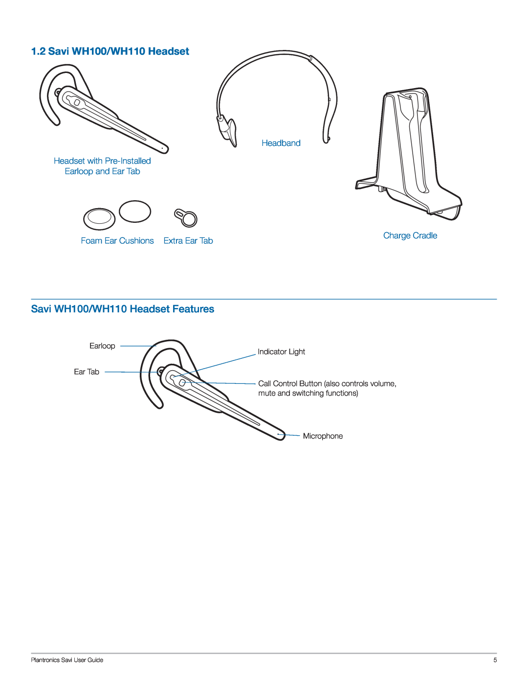 Plantronics WO100 manual Savi WH100/WH110 Headset Features, Headband Headset with Pre-Installed Earloop and Ear Tab 
