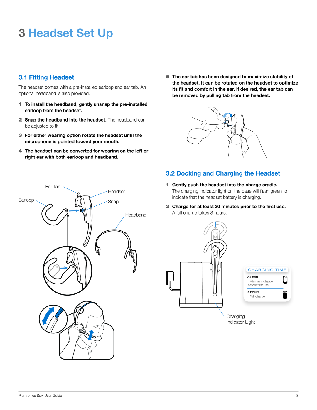 Plantronics WO100 manual Headset Set Up, Fitting Headset, Docking and Charging the Headset 