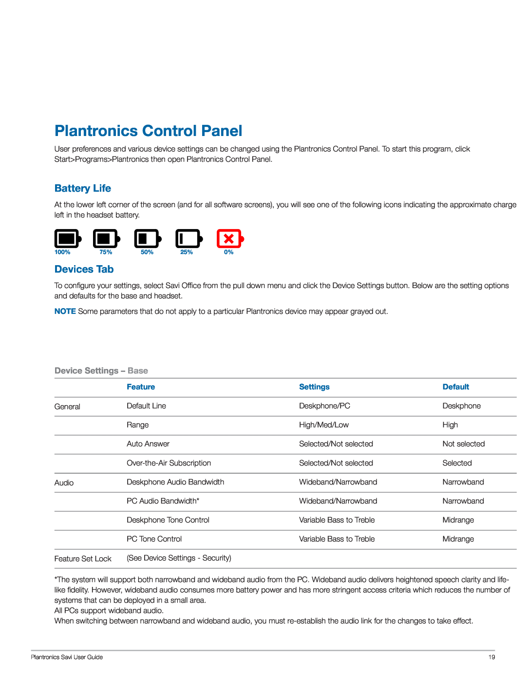 Plantronics WO100 manual Battery Life, Devices Tab, Device Settings - Base, Plantronics Control Panel 