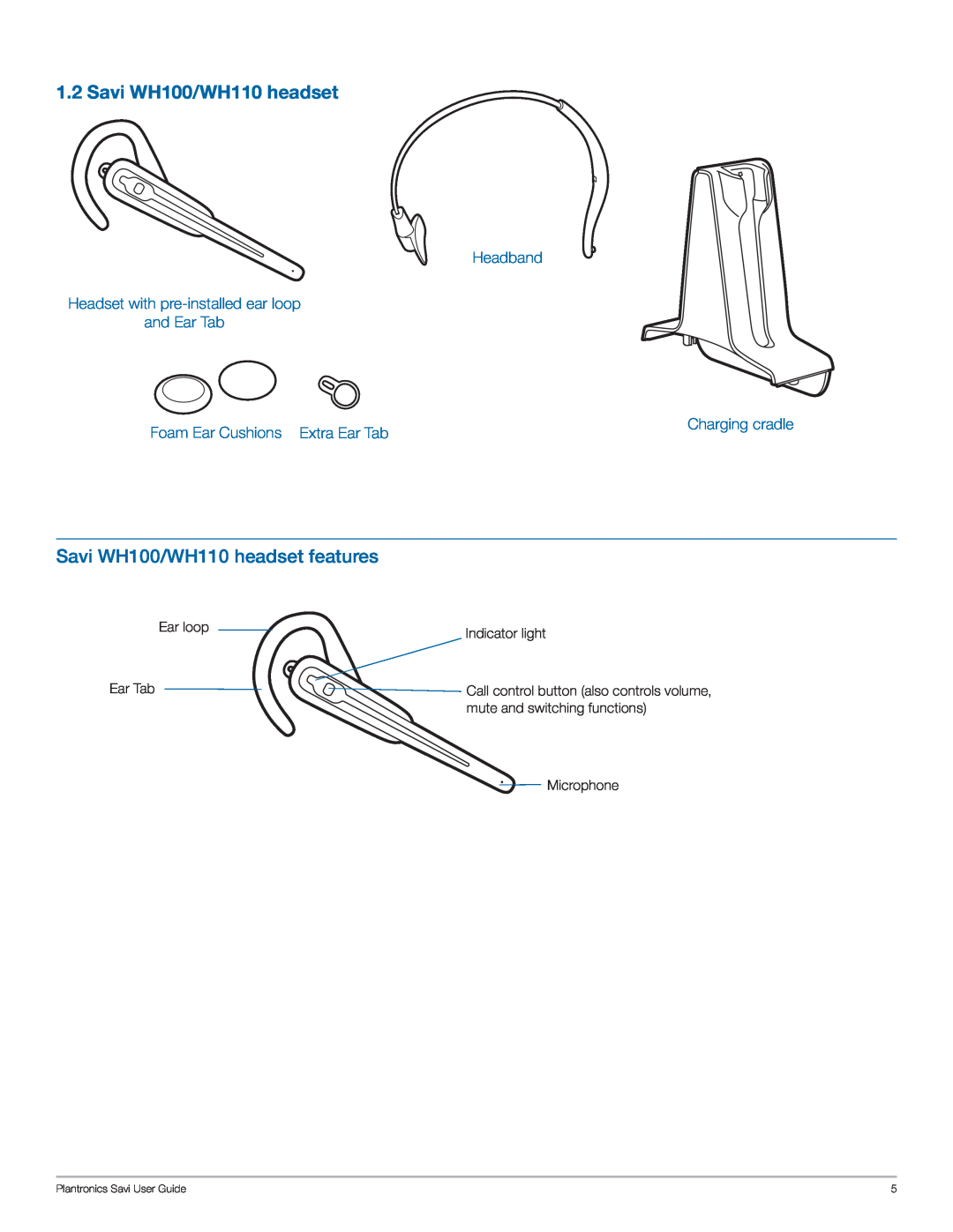 Plantronics WO100 manual Savi WH100/WH110 headset features, Headband Headset with pre-installed ear loop and Ear Tab 
