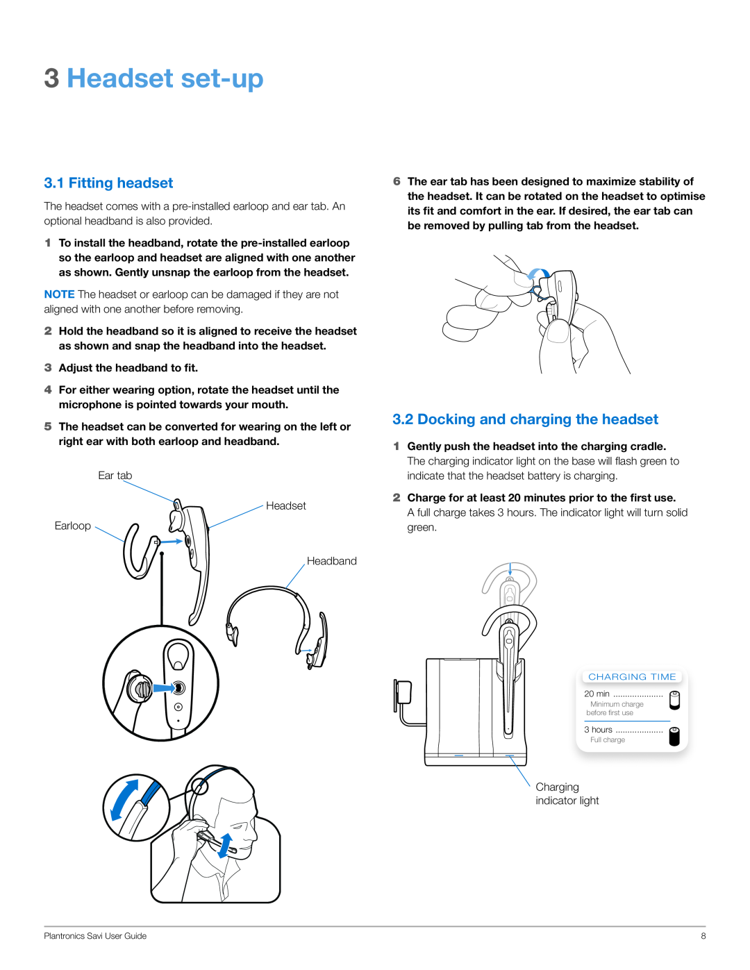 Plantronics WO100 manual Headset set-up, Fitting headset, Docking and charging the headset 