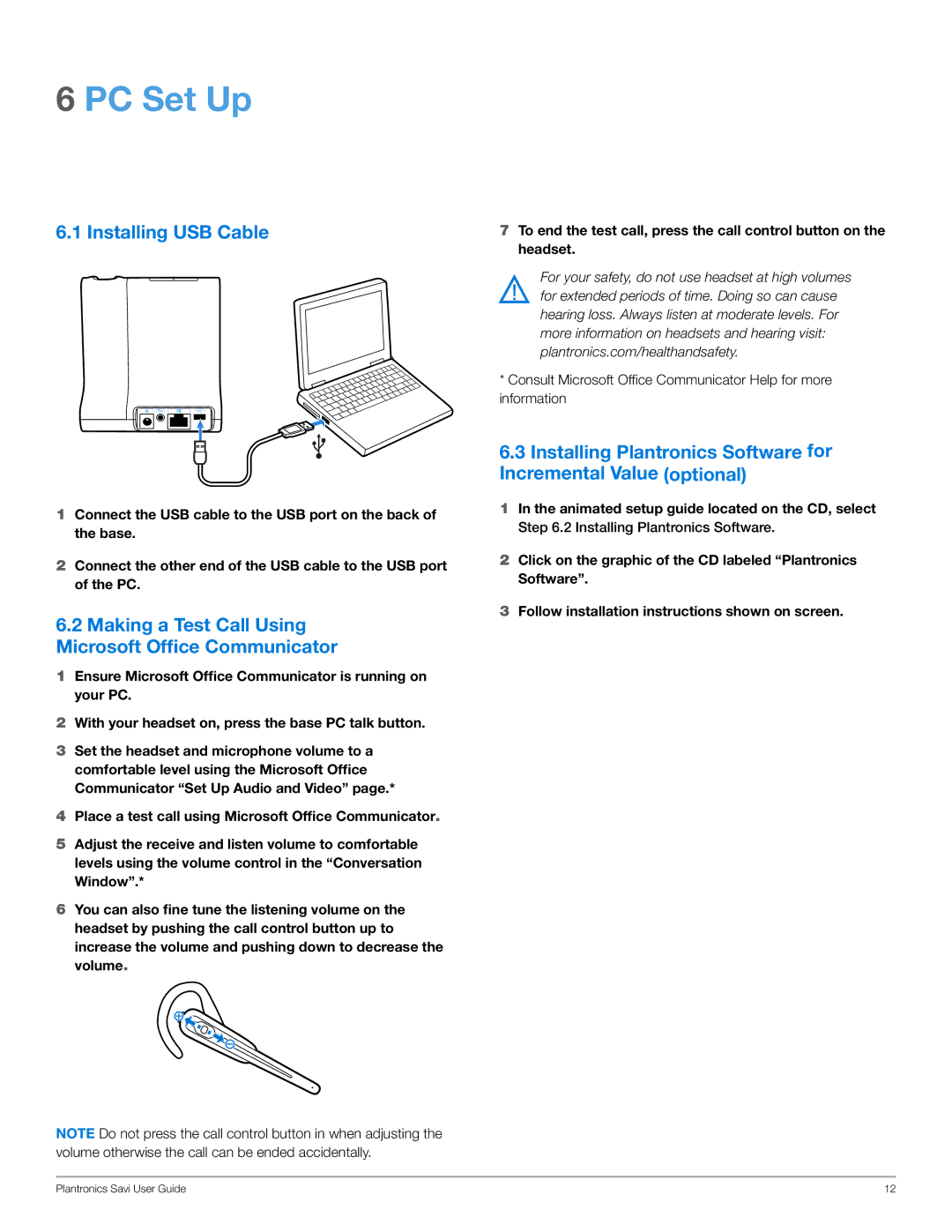 Plantronics WO101 manual PC Set Up, Installing USB Cable, Making a Test Call Using Microsoft Office Communicator 