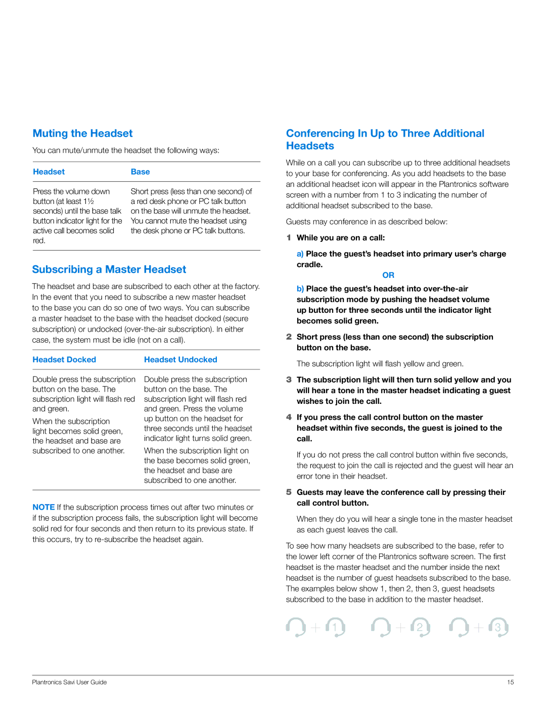 Plantronics WO101 manual Muting the Headset, Conferencing In Up to Three Additional Headsets, Subscribing a Master Headset 