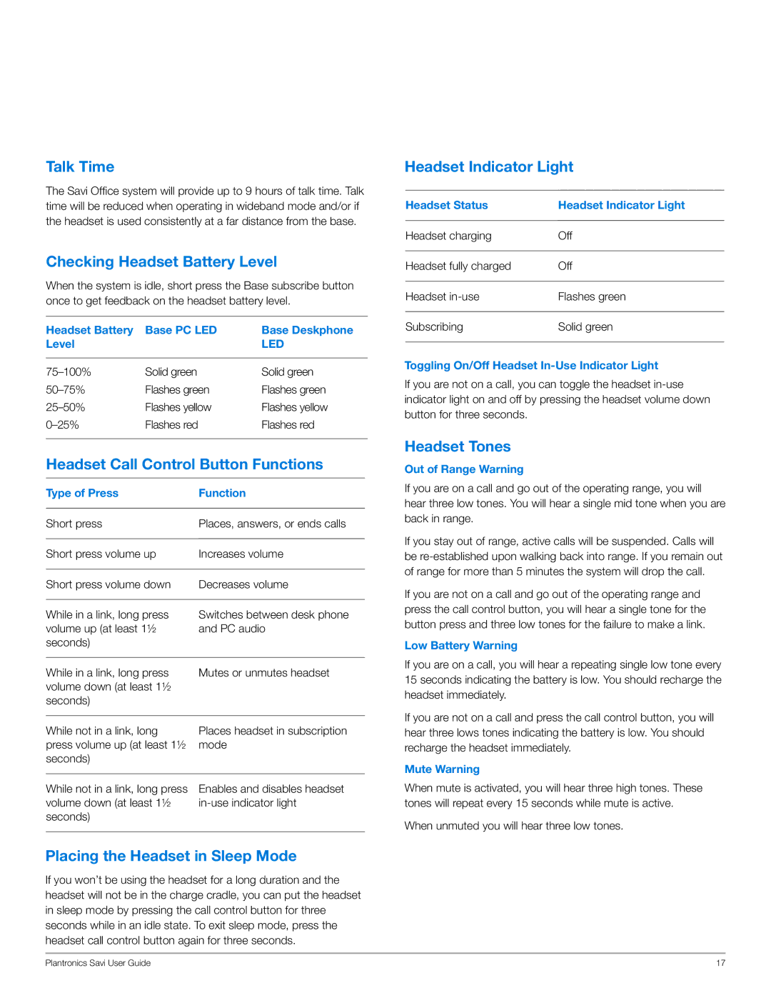 Plantronics WO101 manual Talk Time, Checking Headset Battery Level, Headset Call Control Button Functions, Headset Tones 