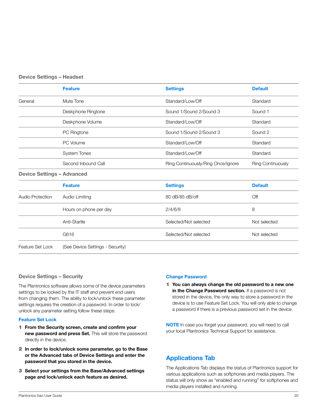 Plantronics WO101 manual Applications Tab, Feature Set Lock, Change Password 