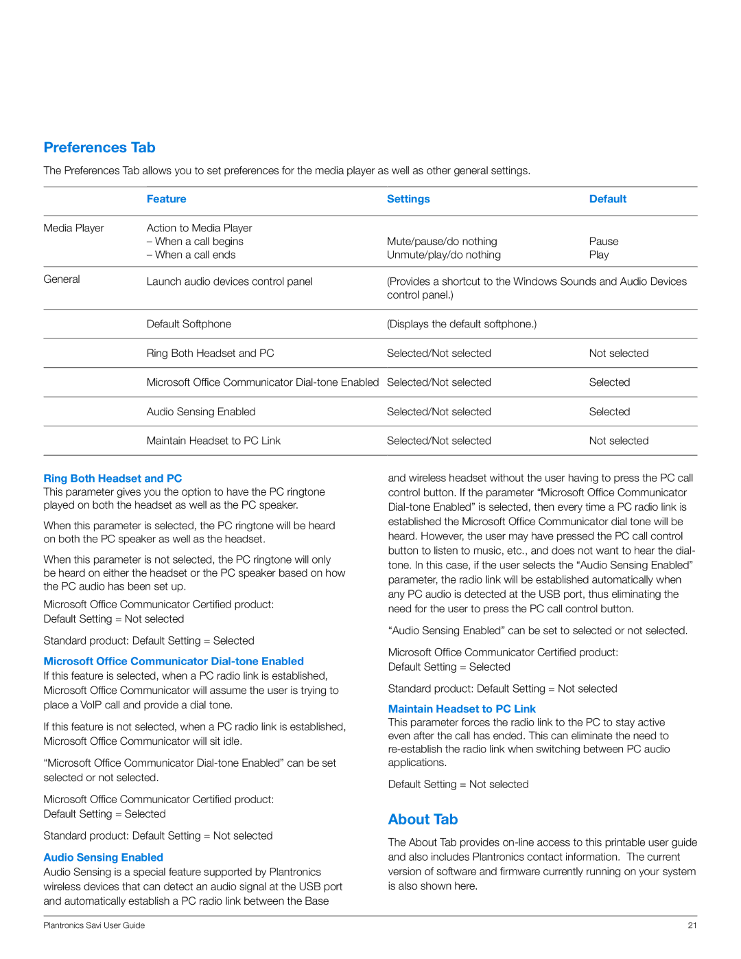 Plantronics WO101 manual Preferences Tab, About Tab 