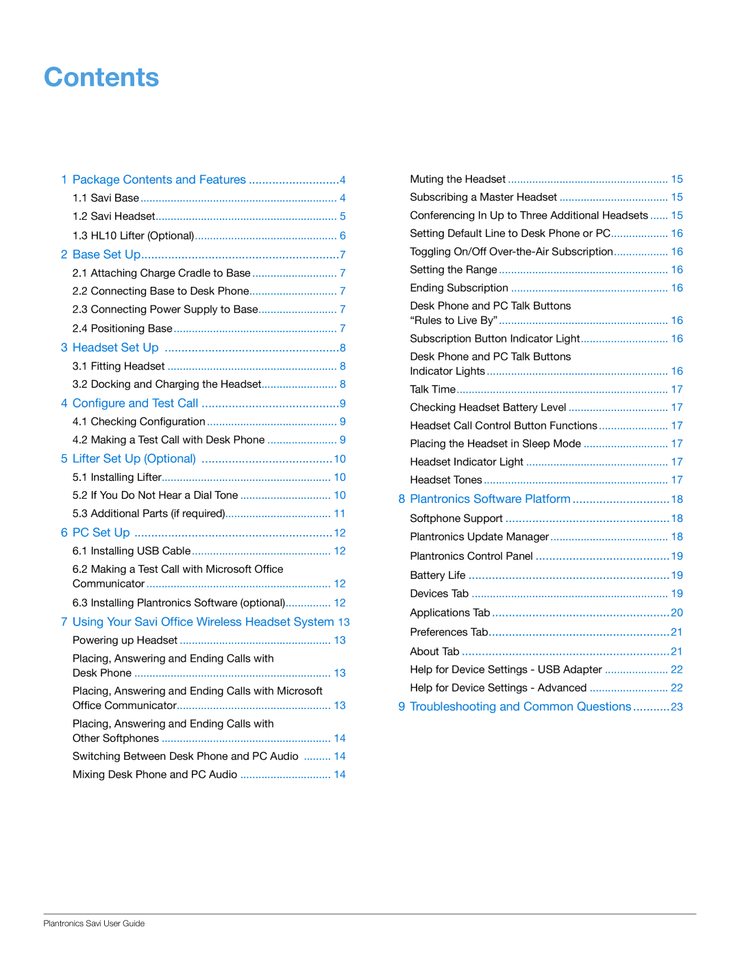 Plantronics WO101 manual Contents 