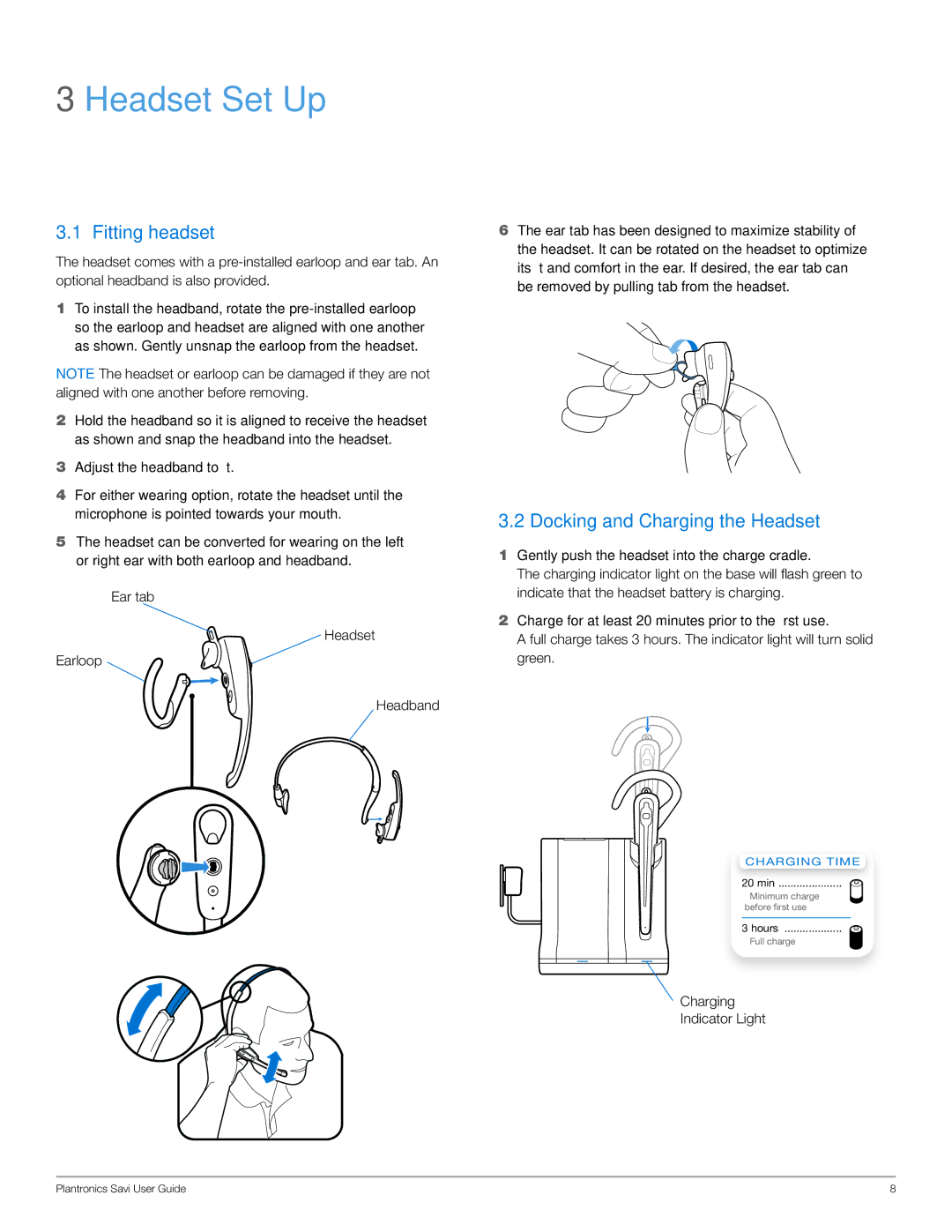 Plantronics WO101 manual Headset Set Up, Fitting headset, Docking and Charging the Headset 