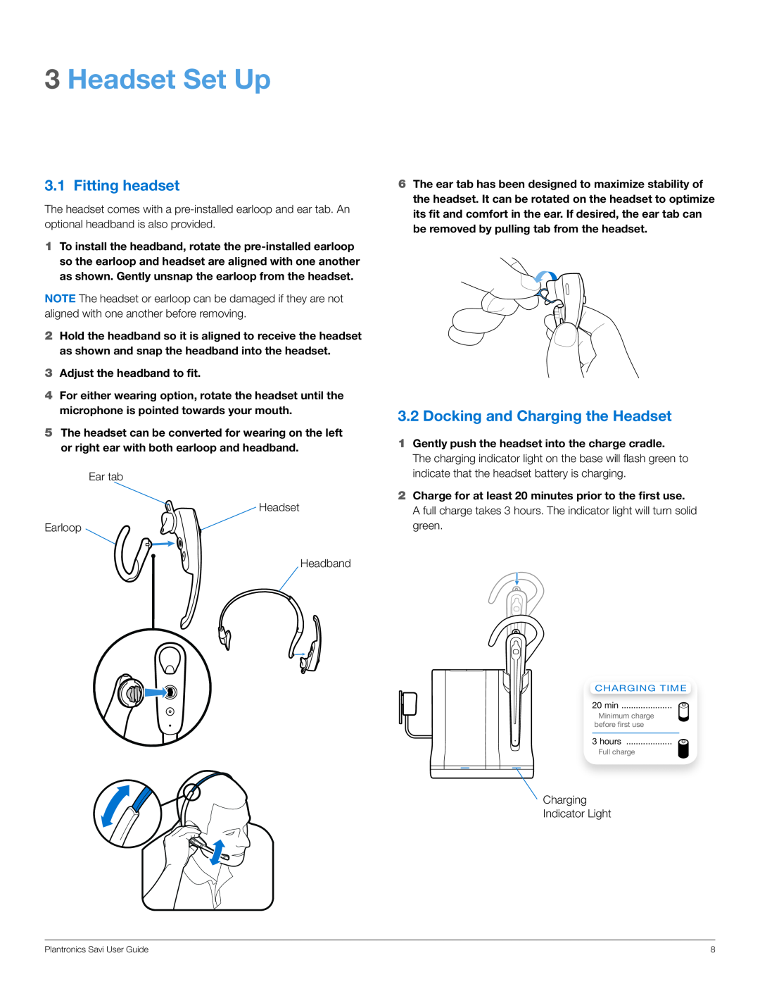 Plantronics WO101 manual Headset Set Up, Fitting headset, Docking and Charging the Headset 