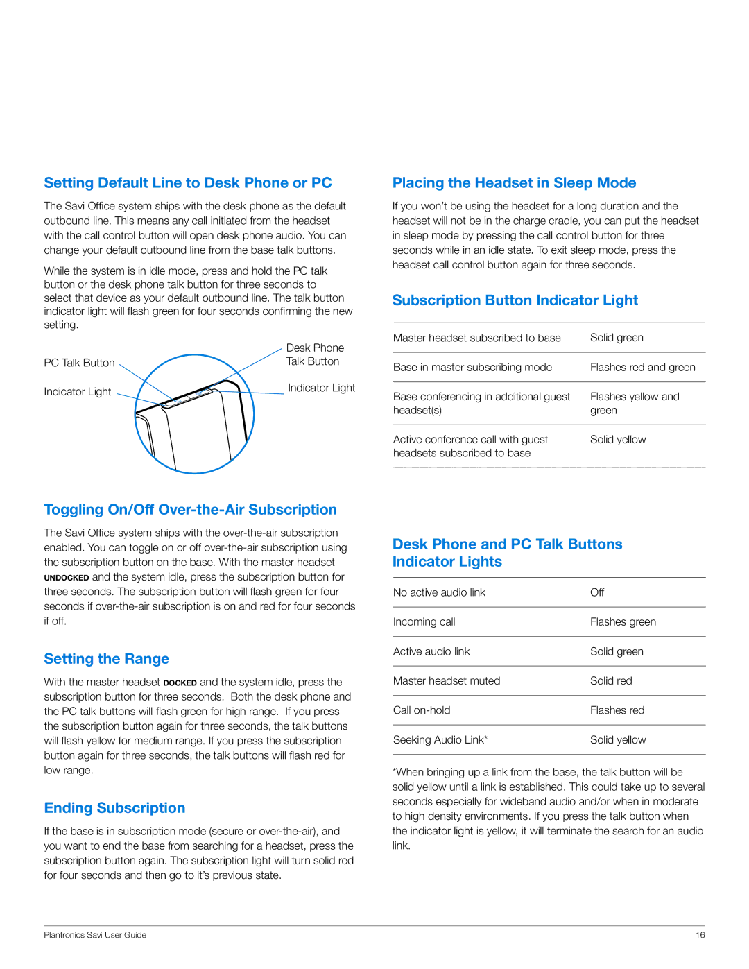 Plantronics WO200 manual Setting Default Line to Desk Phone or PC, Placing the Headset in Sleep Mode, Setting the Range 