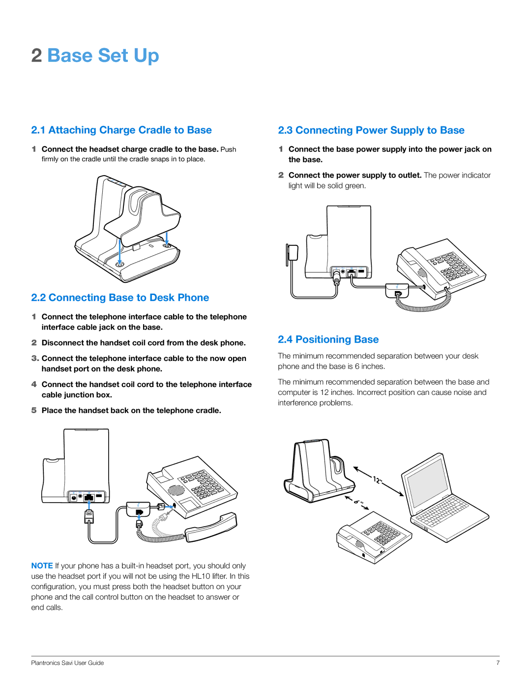 Plantronics WO200 manual Base Set Up, Attaching Charge Cradle to Base, Connecting Base to Desk Phone, Positioning Base 