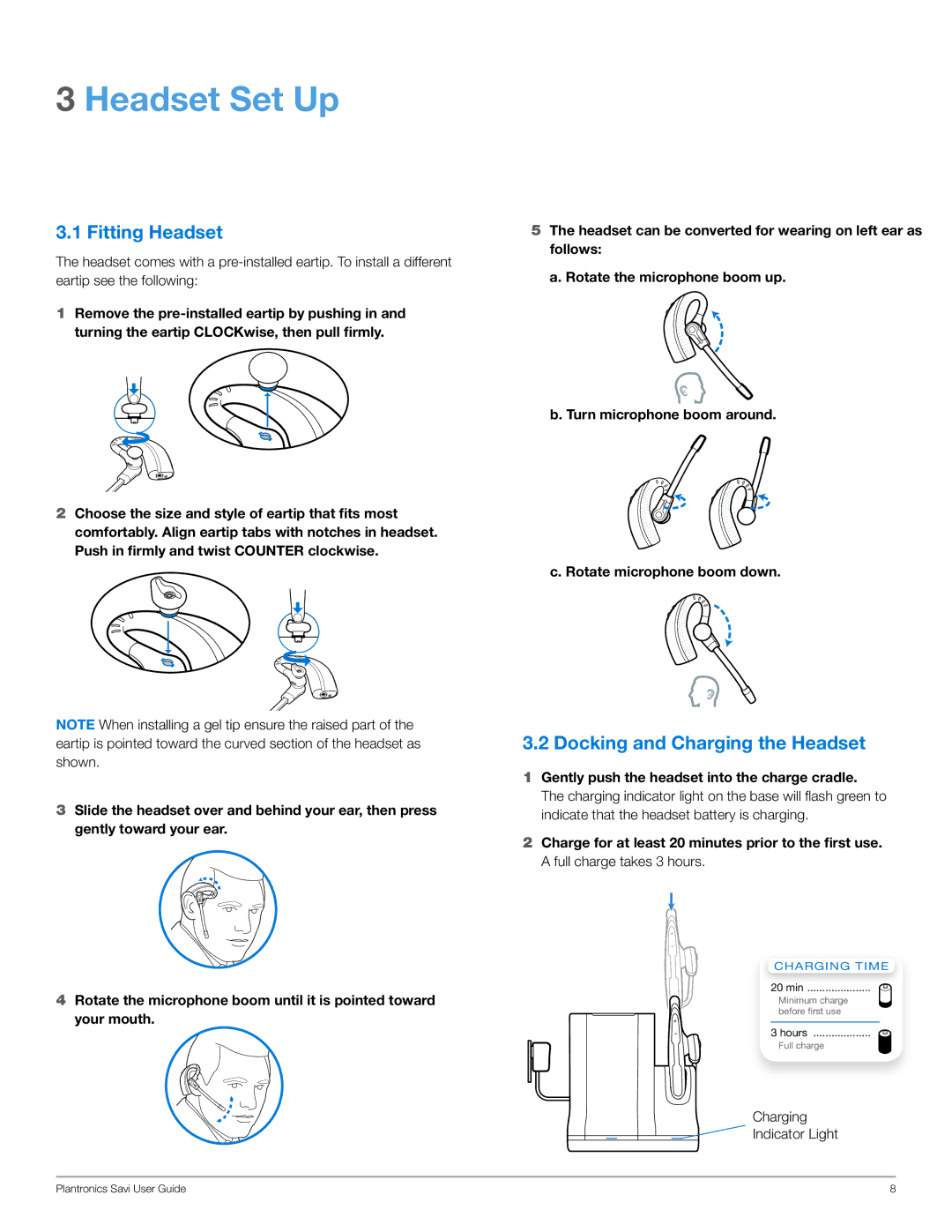 Plantronics WO200 manual Headset Set Up, Fitting Headset, Docking and Charging the Headset 