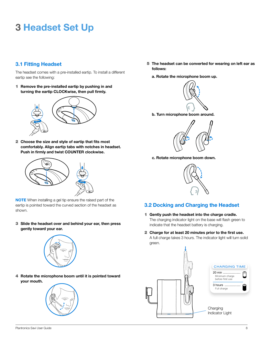 Plantronics WO200 manual Headset Set Up, Fitting Headset, Docking and Charging the Headset 