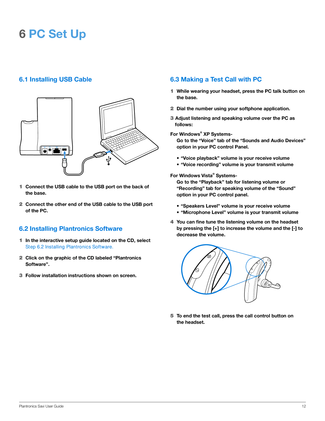 Plantronics WO200 manual PC Set Up, Installing USB Cable, Installing Plantronics Software, Making a Test Call with PC 