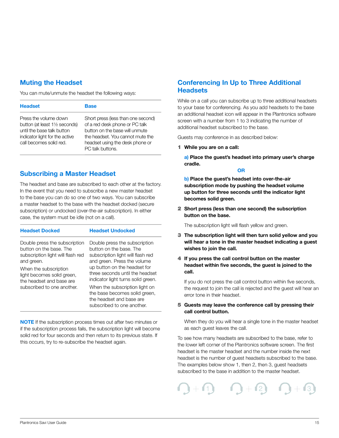 Plantronics WO200 manual Muting the Headset, Conferencing In Up to Three Additional Headsets, Subscribing a Master Headset 