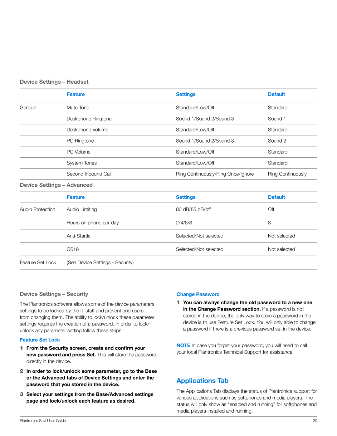 Plantronics WO200 manual Applications Tab, Feature Set Lock, Change Password 