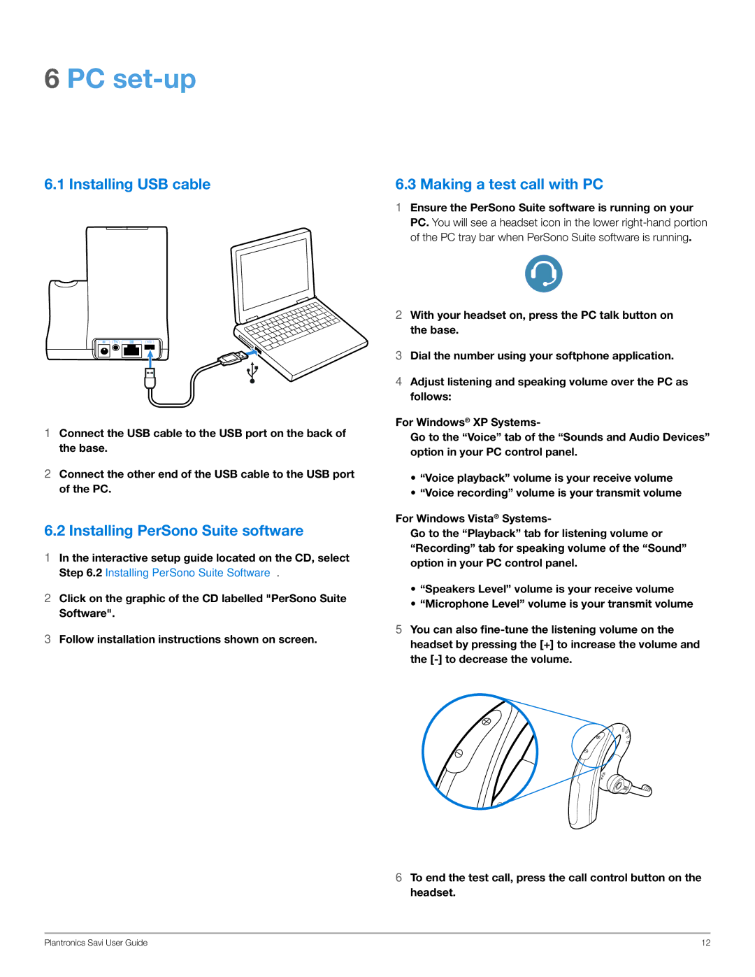 Plantronics WO200 manual PC set-up, Installing USB cable, Installing PerSono Suite software, Making a test call with PC 