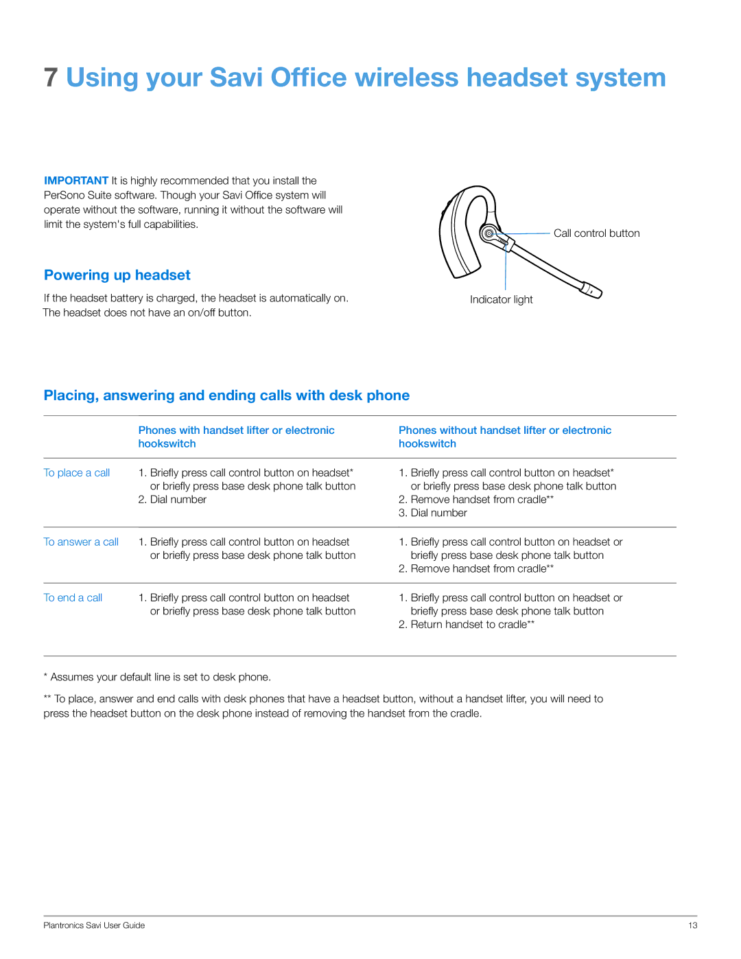 Plantronics WO200 manual Using your Savi Office wireless headset system, Powering up headset 